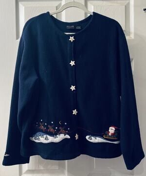 Croft & Barrow Christmas Fleece Cardigan Embroidered Star Holiday Buttons L
